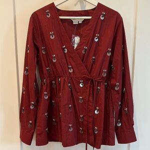 Anthropologie Red Embellished Blouse